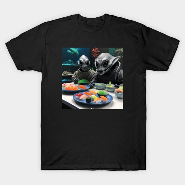 Aliens Enjoying Sushi T-Shirt by Wickedcartoons